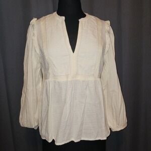 Southern‎ Cotton White Textured Cottagecore Peasant Blouse Long Sleeve Size M